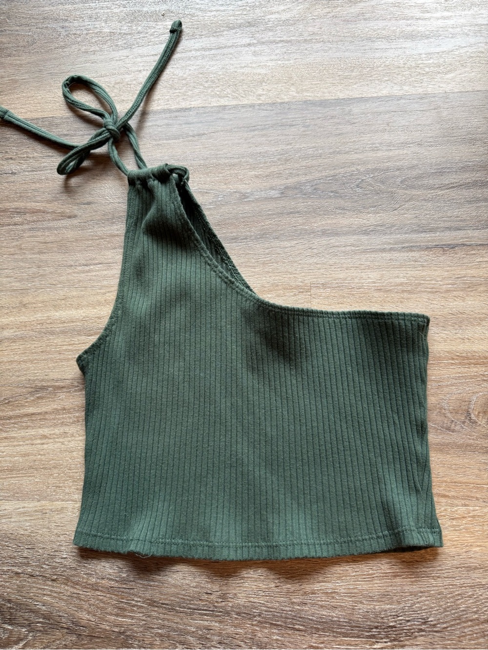 Aerie ribbed one-shoulder crop top in dark olive green, size Small.